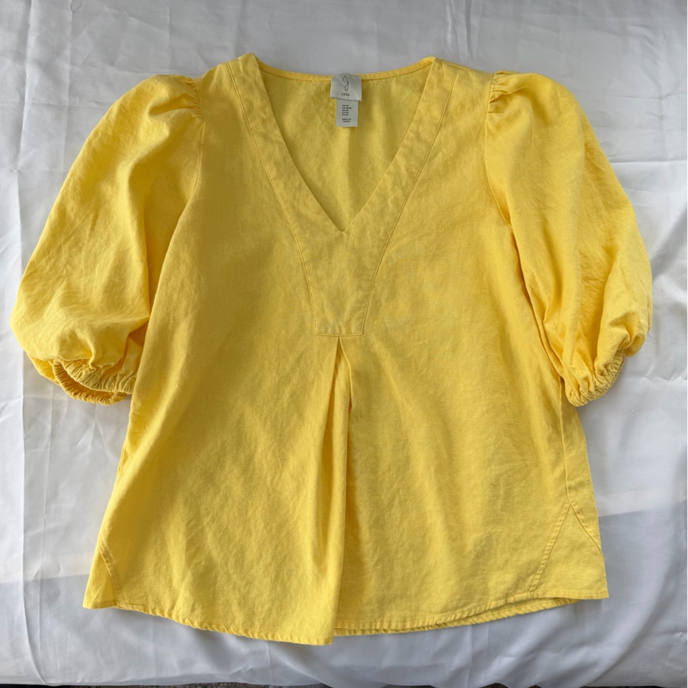 Joie Yellow Vneck Puffy Sleeve Linen Blend Tunic Style Top Woman’s Medium Beachy